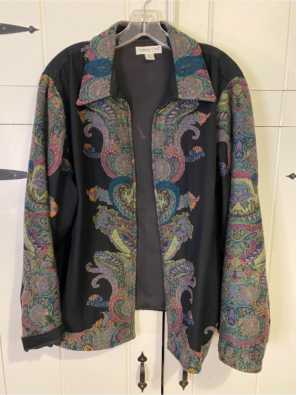 Vintage Coldwater Creek Black Wool Jacket with a Multicolor Paisley Pattern. XL
